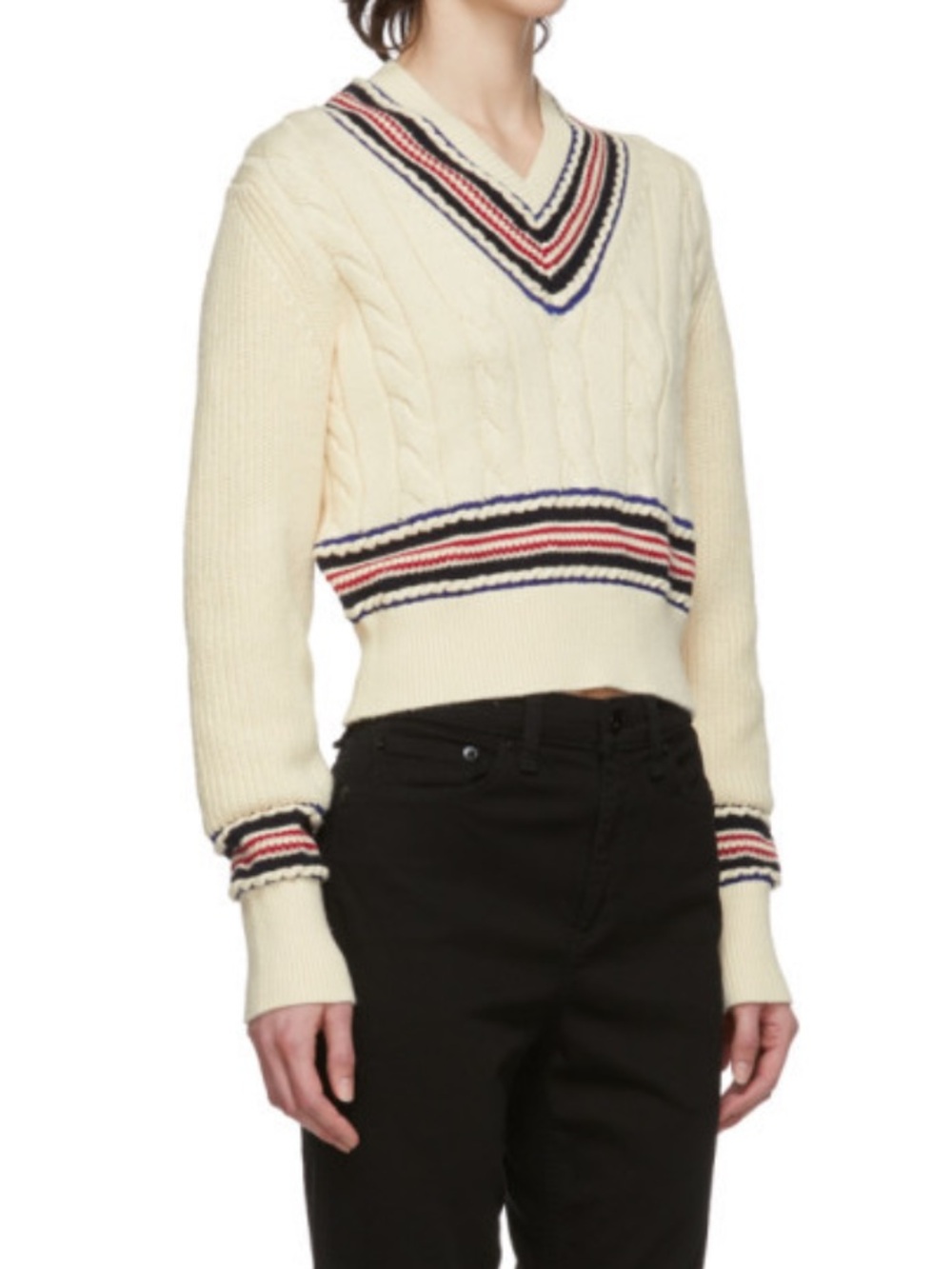 rag & bone Cream V-Neck Sweater with Navy & Red Trim